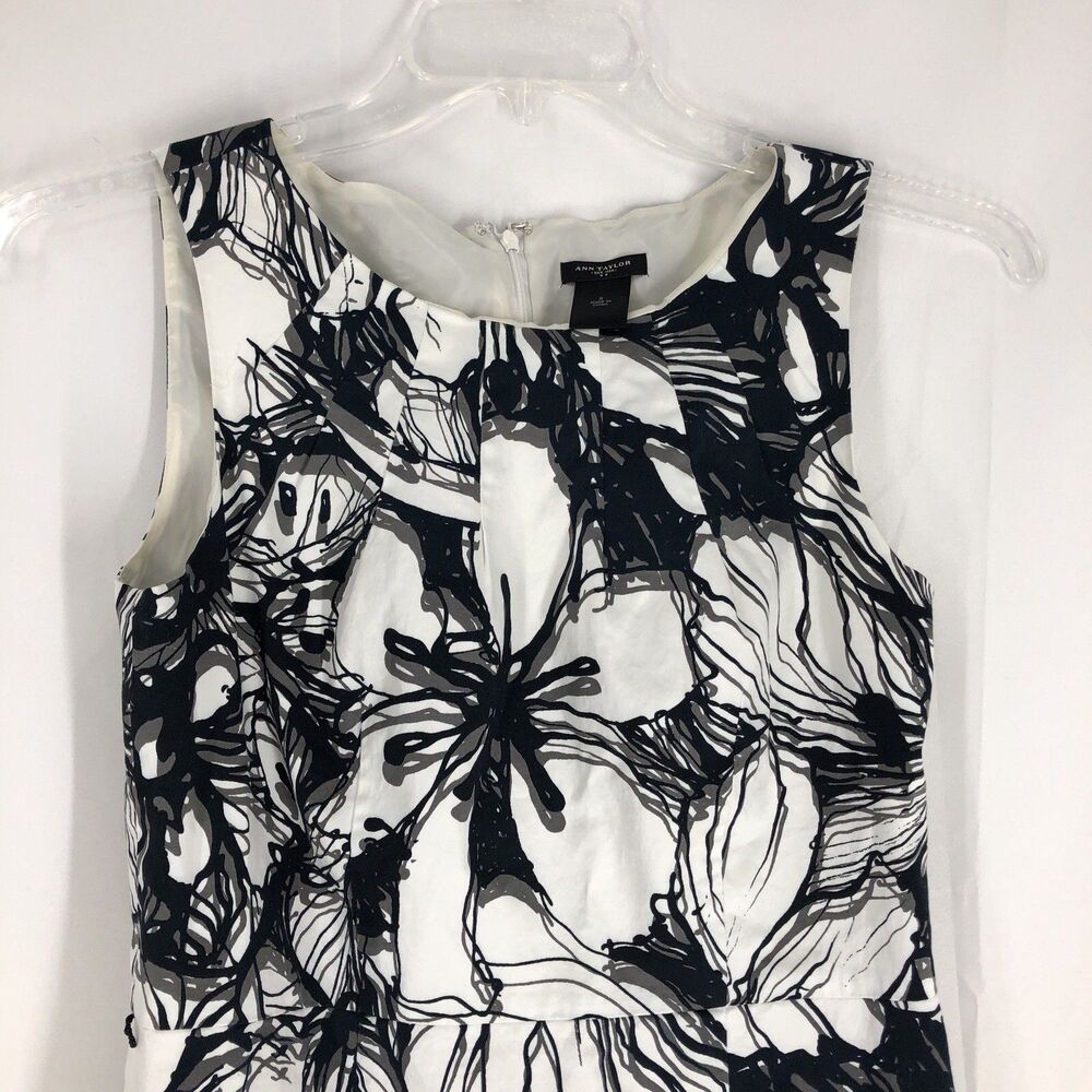 Ann Taylor Sheath Dress 6 Black White Floral Pleated Neck Work Office Classic - Picture 2 of 5